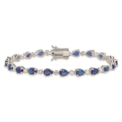 7 Inch Sterling Silver Rhodium-Plated Blue And Clear Cz Bracelet