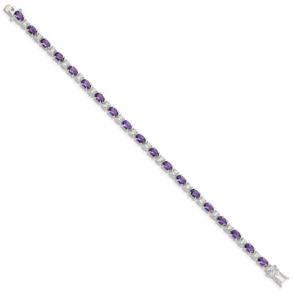 7 Inch Sterling Silver Rhodium-Plated Purple And Clear Cz Bracelet