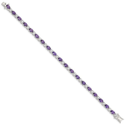 7 Inch Sterling Silver Rhodium-Plated Purple And Clear Cz Bracelet