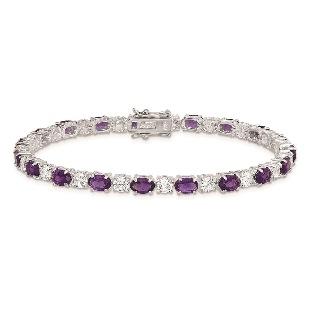7 Inch Sterling Silver Rhodium-Plated Purple And Clear Cz Bracelet