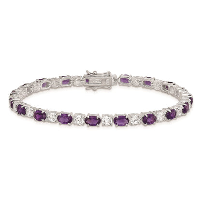 7 Inch Sterling Silver Rhodium-Plated Purple And Clear Cz Bracelet