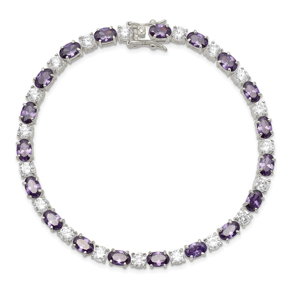 7 Inch Sterling Silver Rhodium-Plated Purple And Clear Cz Bracelet