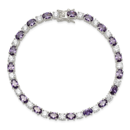 7 Inch Sterling Silver Rhodium-Plated Purple And Clear Cz Bracelet