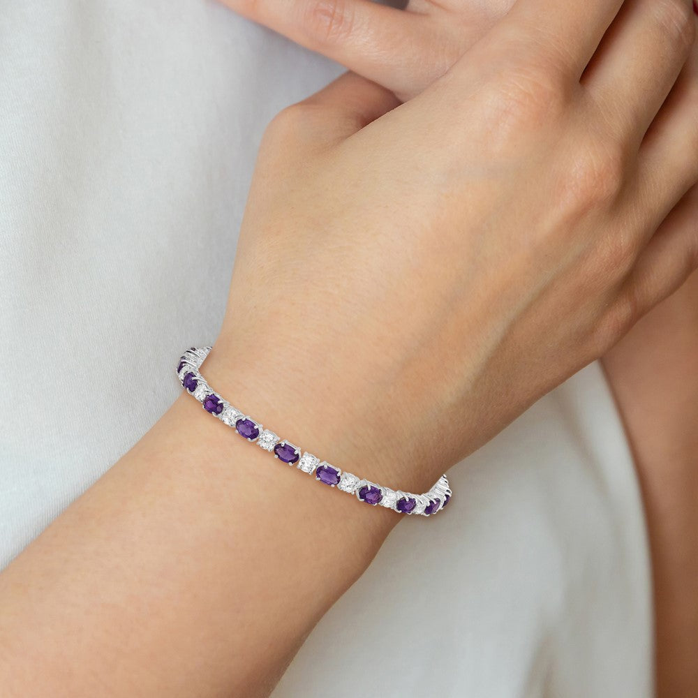 7 Inch Sterling Silver Rhodium-Plated Purple And Clear Cz Bracelet