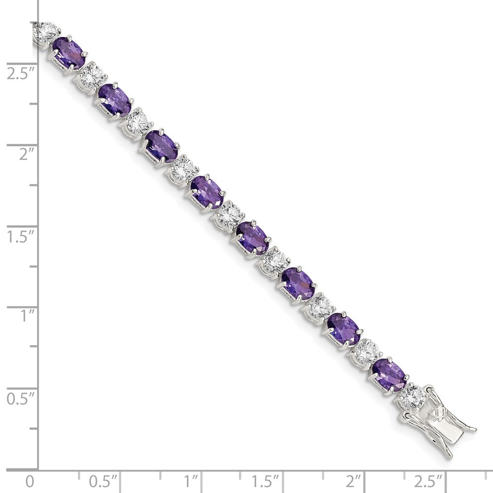 7 Inch Sterling Silver Rhodium-Plated Purple And Clear Cz Bracelet