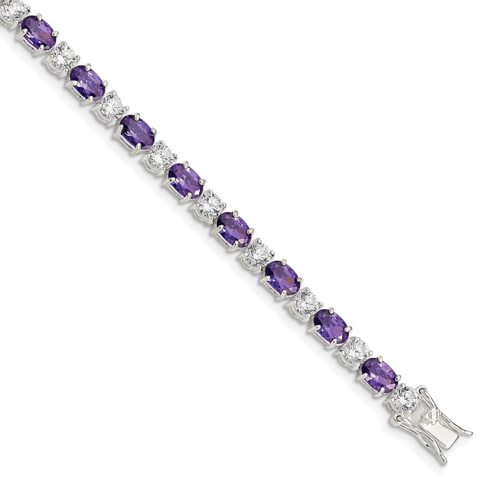 7 Inch Sterling Silver Rhodium-Plated Purple And Clear Cz Bracelet