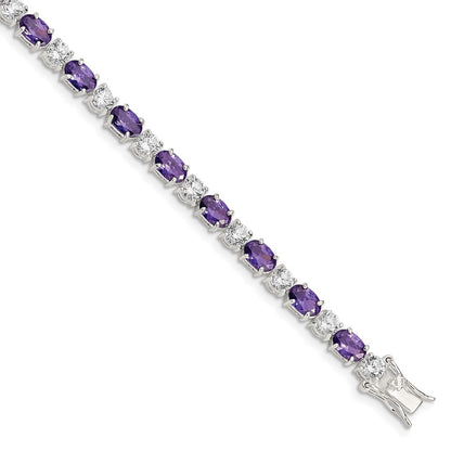 7 Inch Sterling Silver Rhodium-Plated Purple And Clear Cz Bracelet
