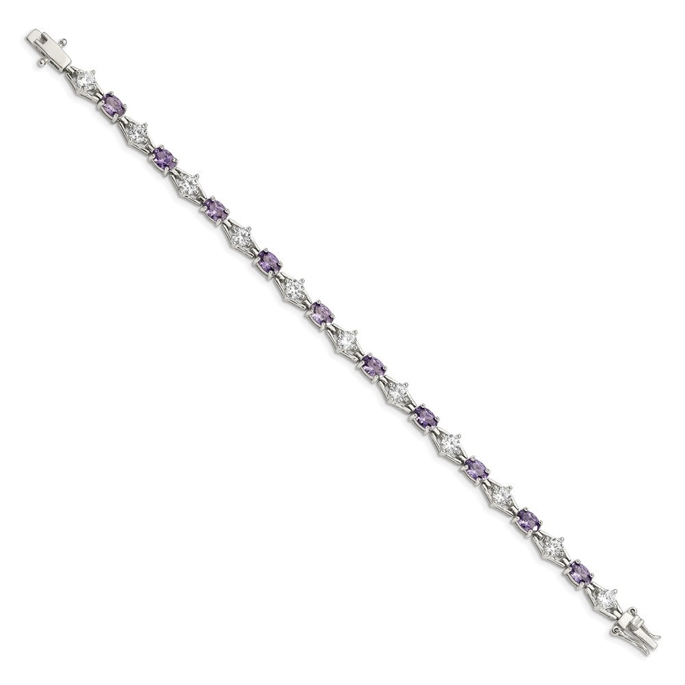 7 Inch Sterling Silver Rhodium-Plated Purple And Clear Cz Bracelet