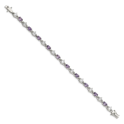 7 Inch Sterling Silver Rhodium-Plated Purple And Clear Cz Bracelet