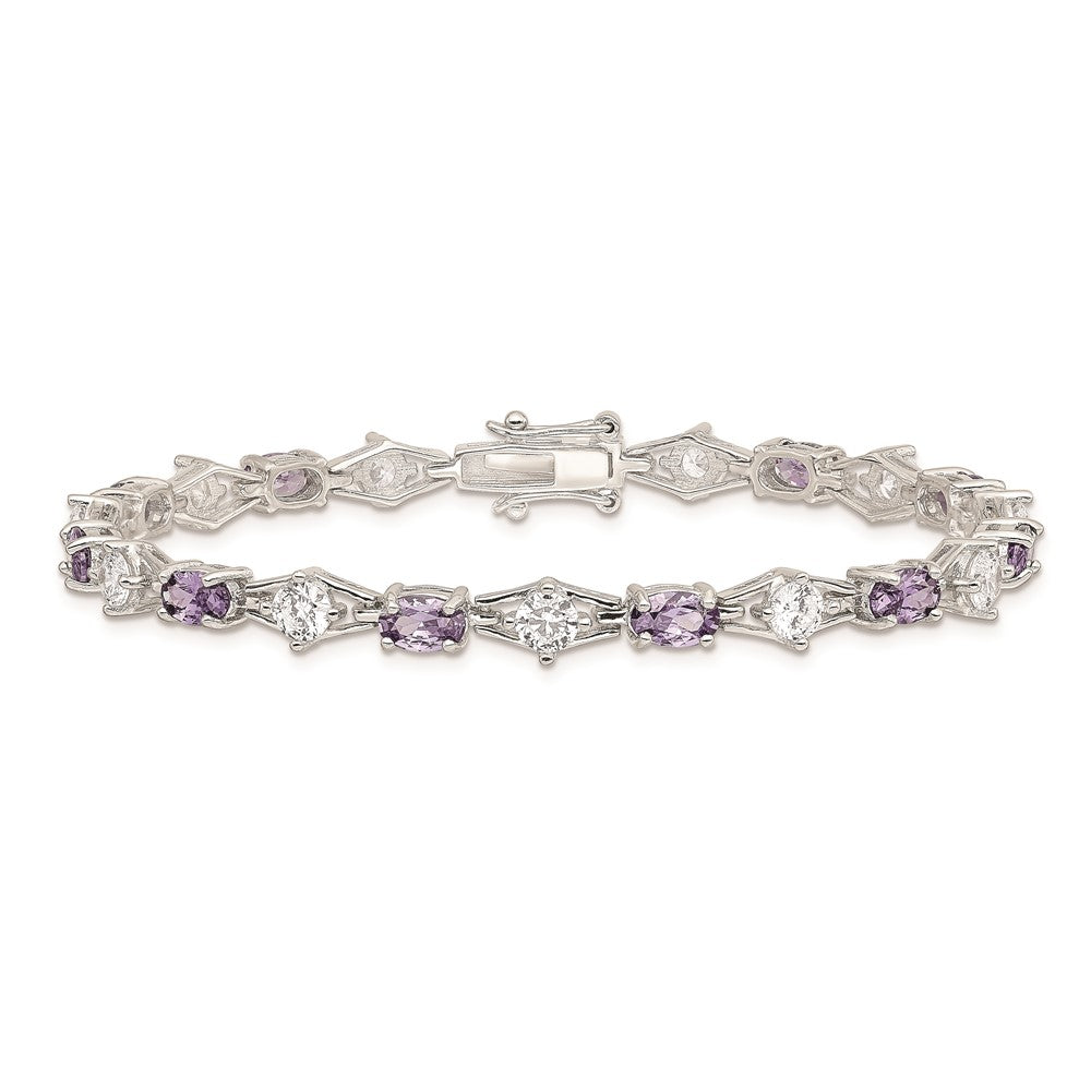 7 Inch Sterling Silver Rhodium-Plated Purple And Clear Cz Bracelet