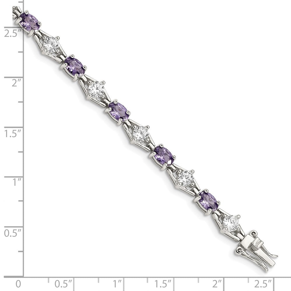 7 Inch Sterling Silver Rhodium-Plated Purple And Clear Cz Bracelet