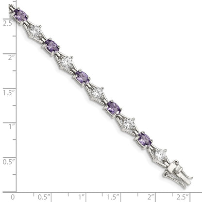 7 Inch Sterling Silver Rhodium-Plated Purple And Clear Cz Bracelet