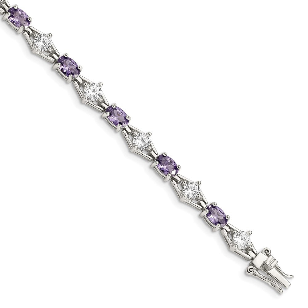 7 Inch Sterling Silver Rhodium-Plated Purple And Clear Cz Bracelet