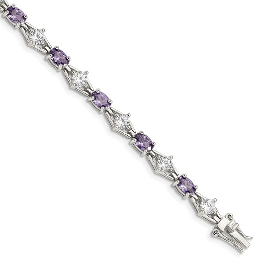 7 Inch Sterling Silver Rhodium-Plated Purple And Clear Cz Bracelet