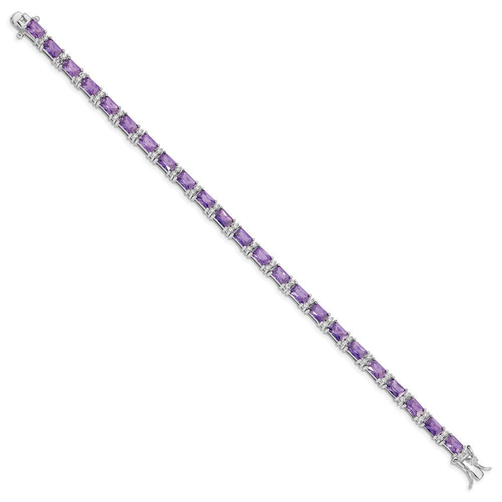 7 Inch Sterling Silver Rhodium-Plated Purple And Clear Cz Bracelet