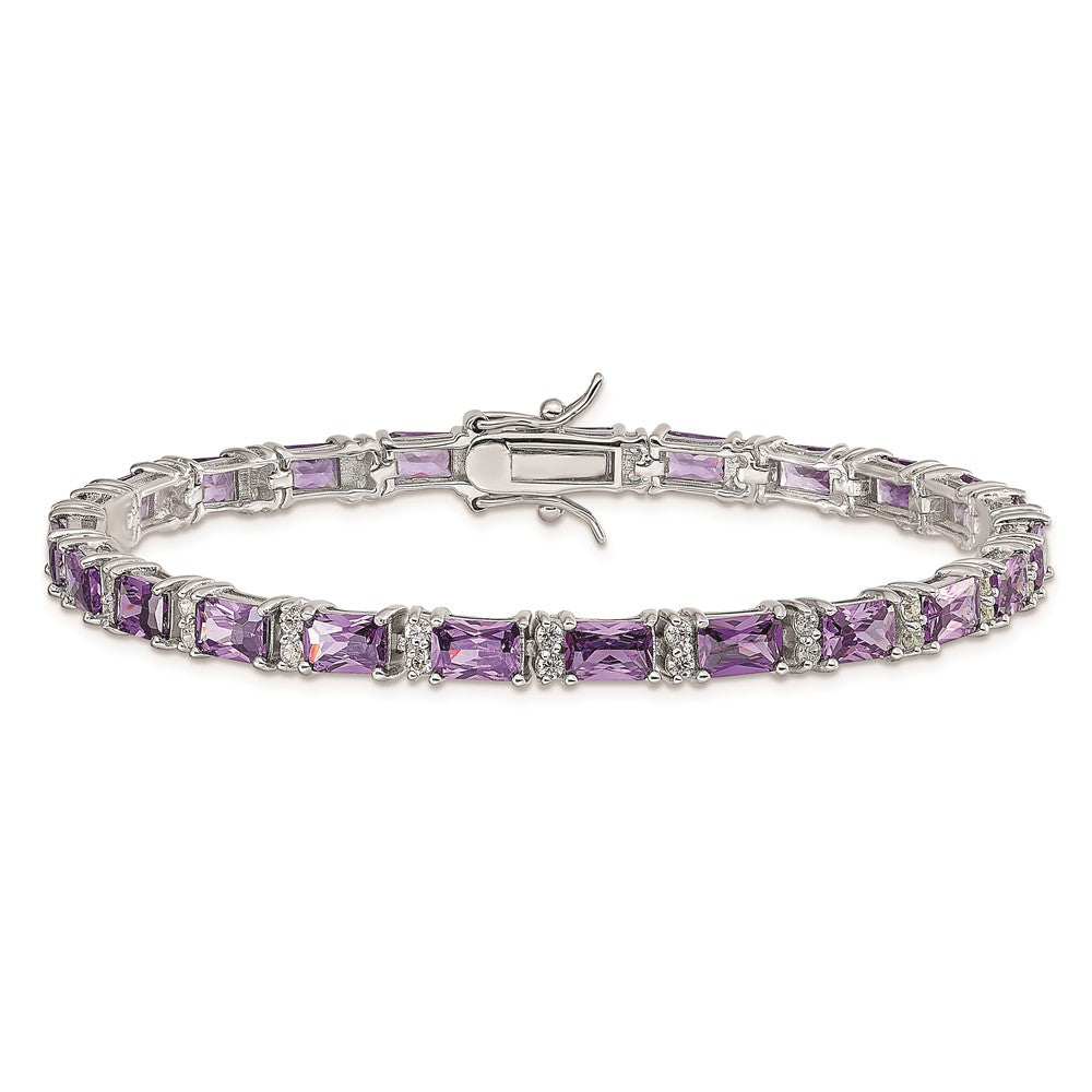 7 Inch Sterling Silver Rhodium-Plated Purple And Clear Cz Bracelet