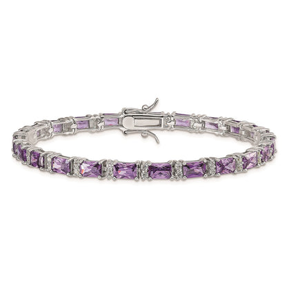 7 Inch Sterling Silver Rhodium-Plated Purple And Clear Cz Bracelet