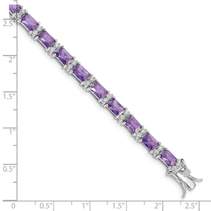 7 Inch Sterling Silver Rhodium-Plated Purple And Clear Cz Bracelet