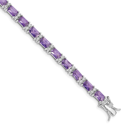 7 Inch Sterling Silver Rhodium-Plated Purple And Clear Cz Bracelet