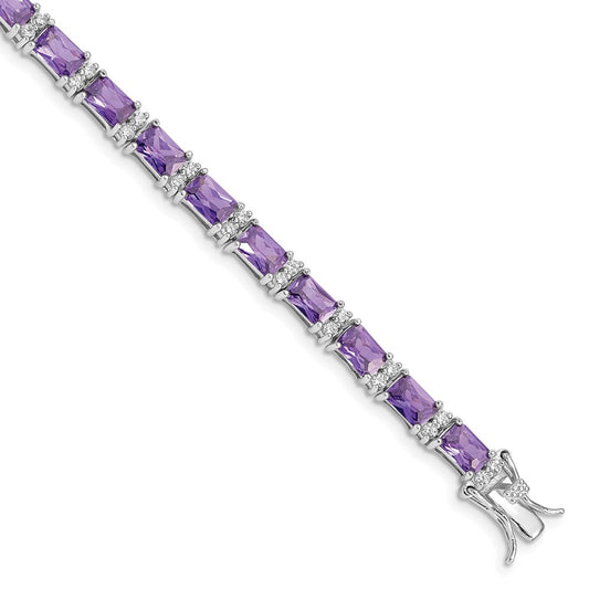 7 Inch Sterling Silver Rhodium-Plated Purple And Clear Cz Bracelet