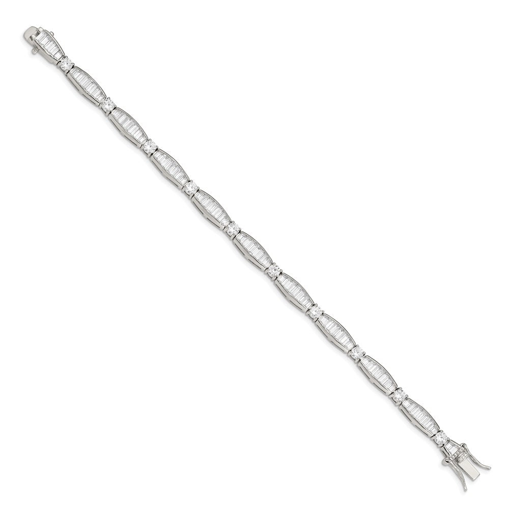7 Inch Sterling Silver Rhodium-Plated Baguette And Round Cz Bracelet