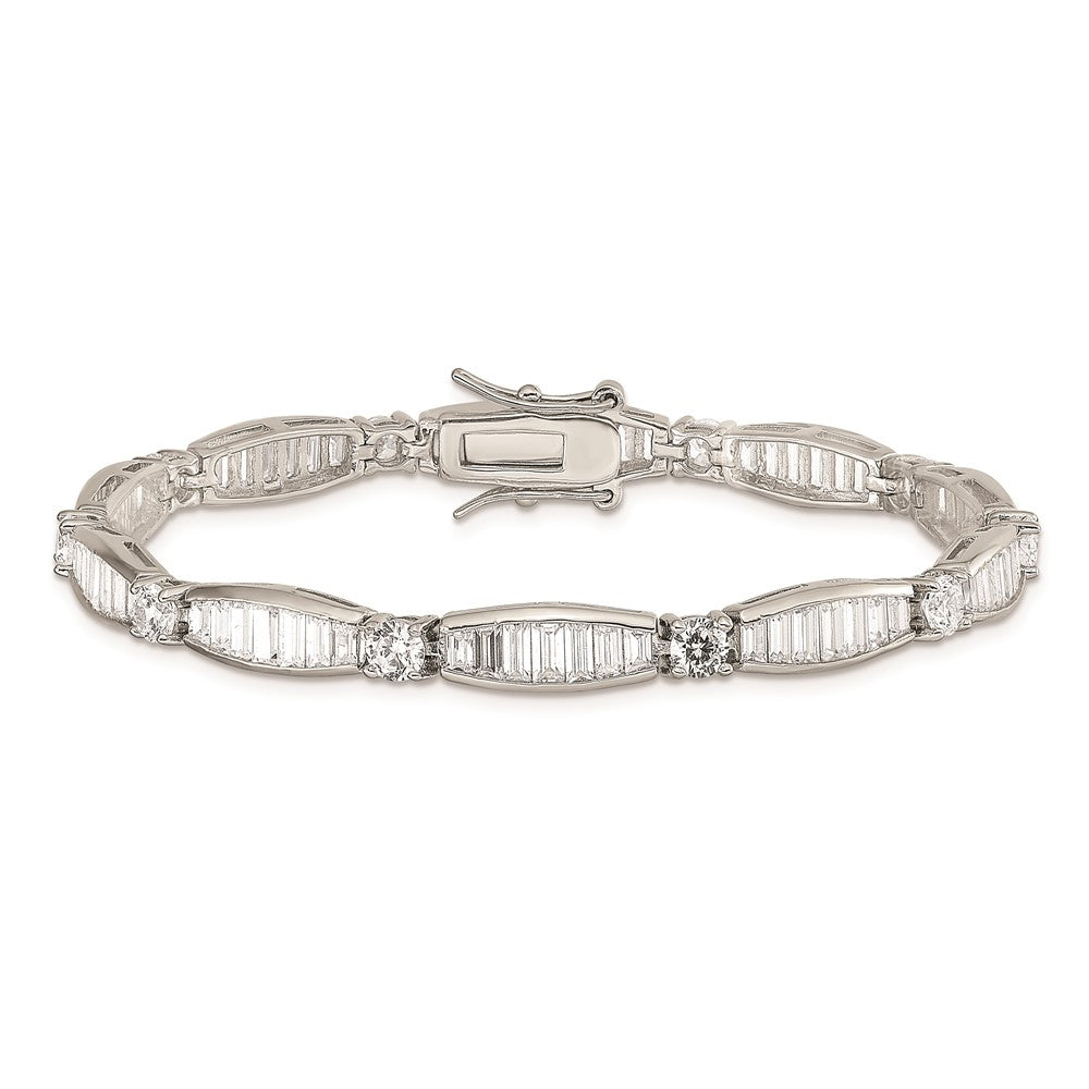 7 Inch Sterling Silver Rhodium-Plated Baguette And Round Cz Bracelet