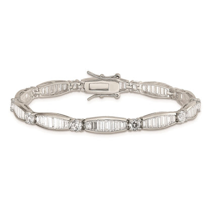 7 Inch Sterling Silver Rhodium-Plated Baguette And Round Cz Bracelet