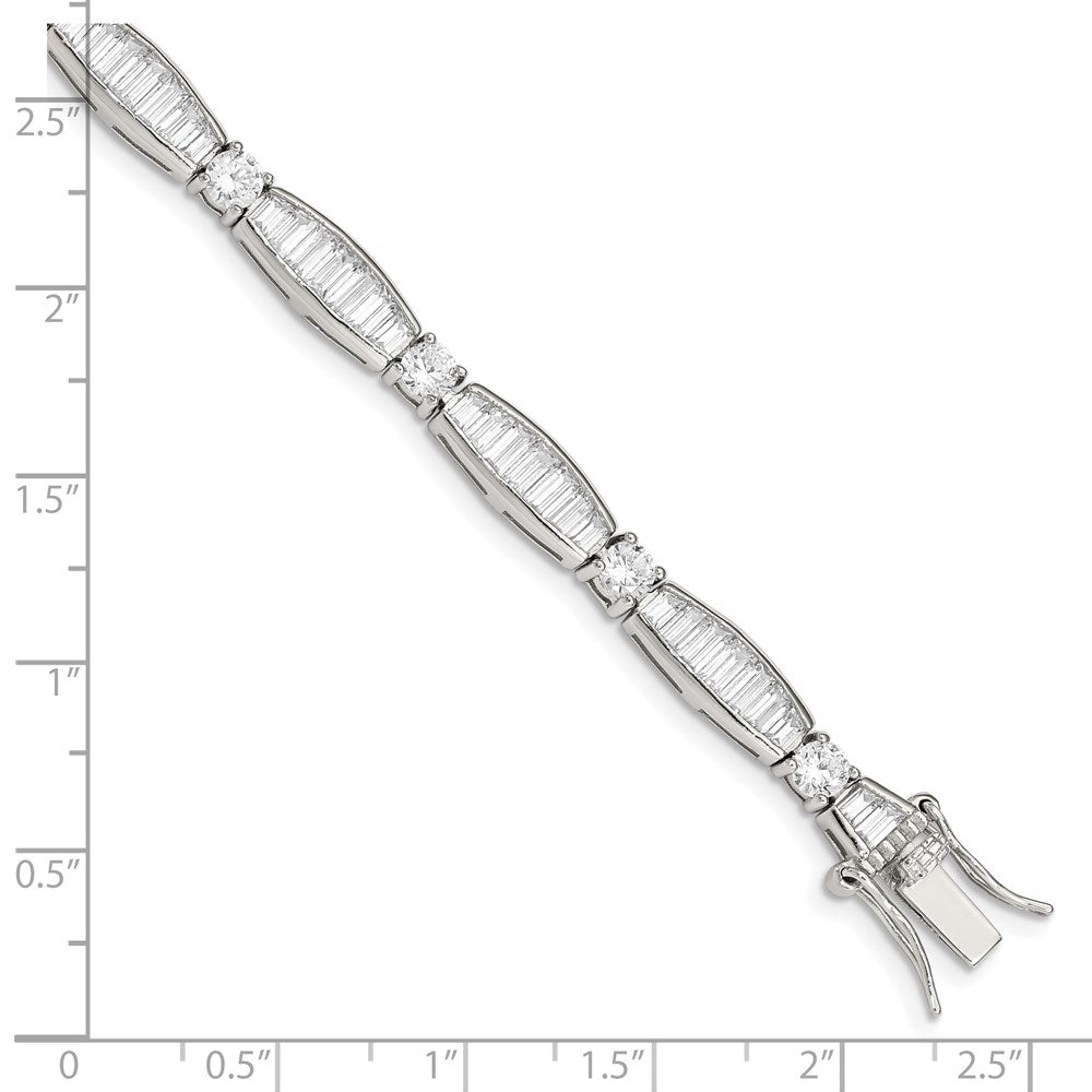 7 Inch Sterling Silver Rhodium-Plated Baguette And Round Cz Bracelet