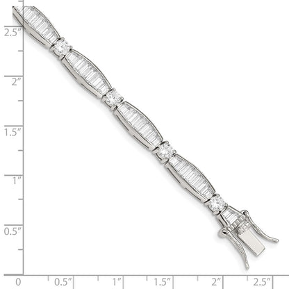 7 Inch Sterling Silver Rhodium-Plated Baguette And Round Cz Bracelet