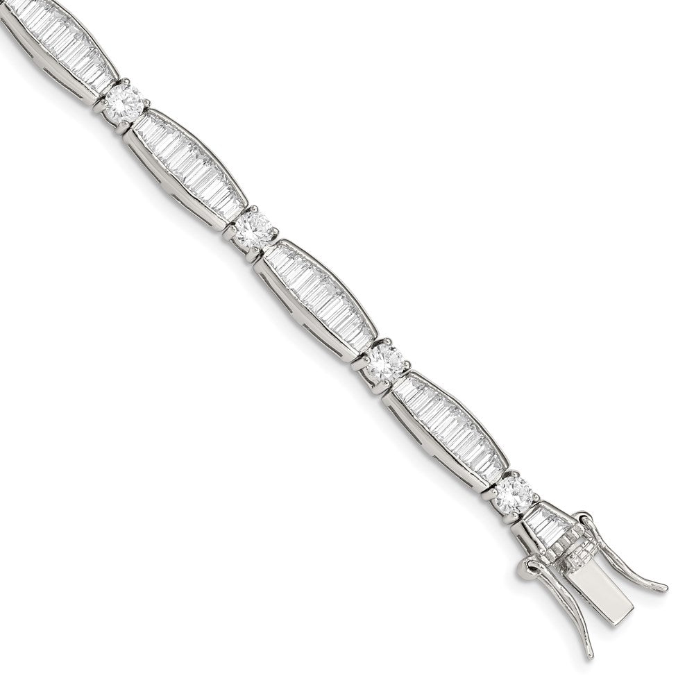 7 Inch Sterling Silver Rhodium-Plated Baguette And Round Cz Bracelet