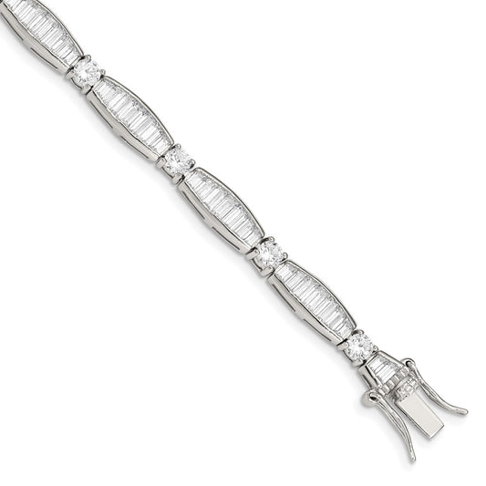 7 Inch Sterling Silver Rhodium-Plated Baguette And Round Cz Bracelet