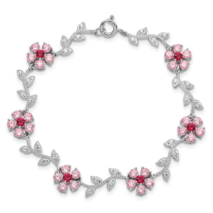 7.75 Inch Sterling Silver Rhod-Plated 7.75In Pink And Clear Cz Flower Bracelet