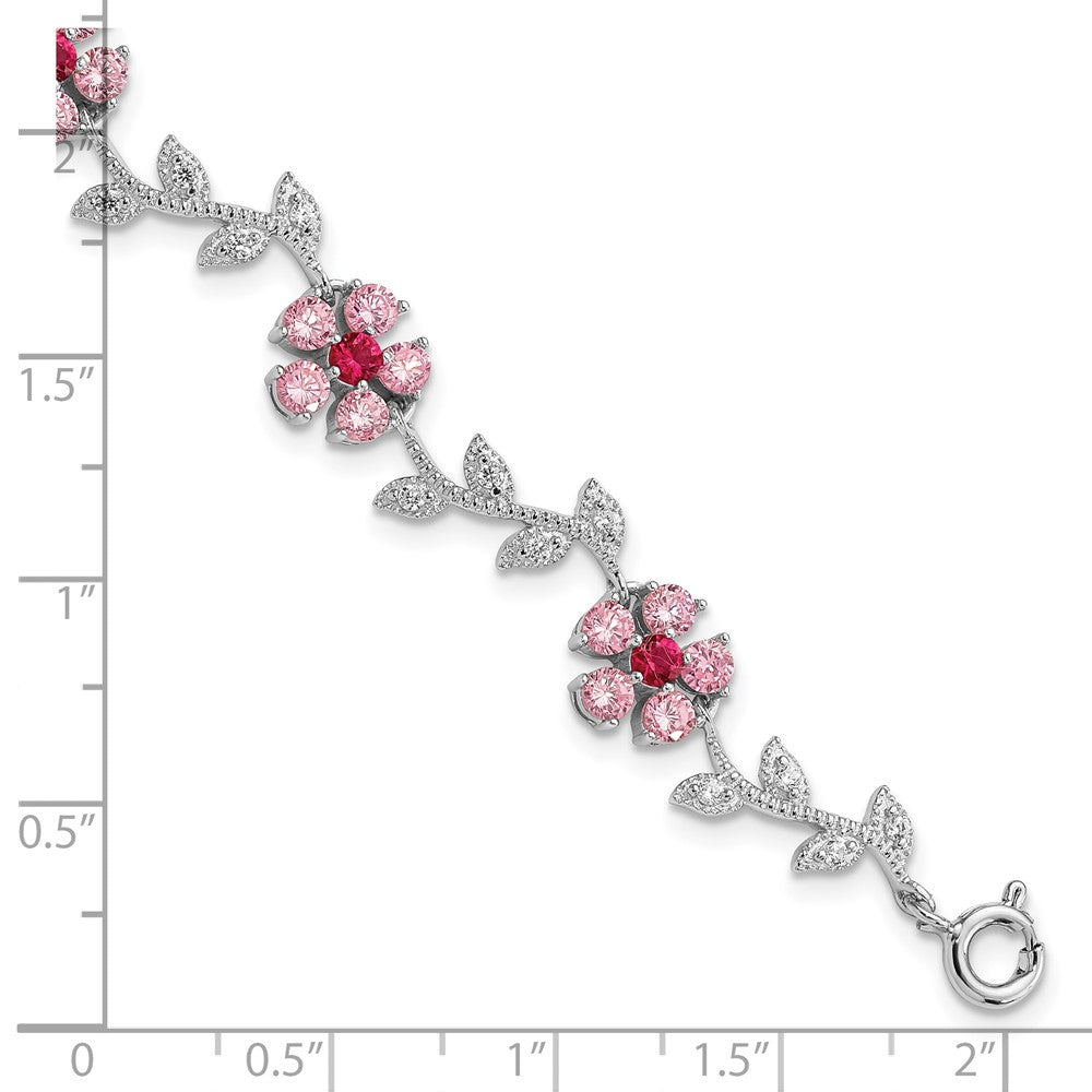 7.75 Inch Sterling Silver Rhod-Plated 7.75In Pink And Clear Cz Flower Bracelet
