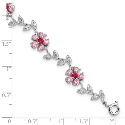 7.75 Inch Sterling Silver Rhod-Plated 7.75In Pink And Clear Cz Flower Bracelet