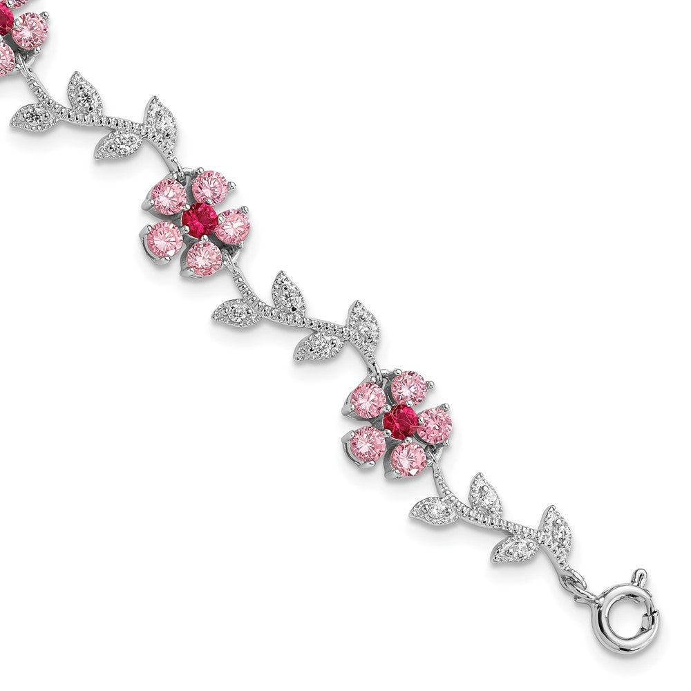 7.75 Inch Sterling Silver Rhod-Plated 7.75In Pink And Clear Cz Flower Bracelet