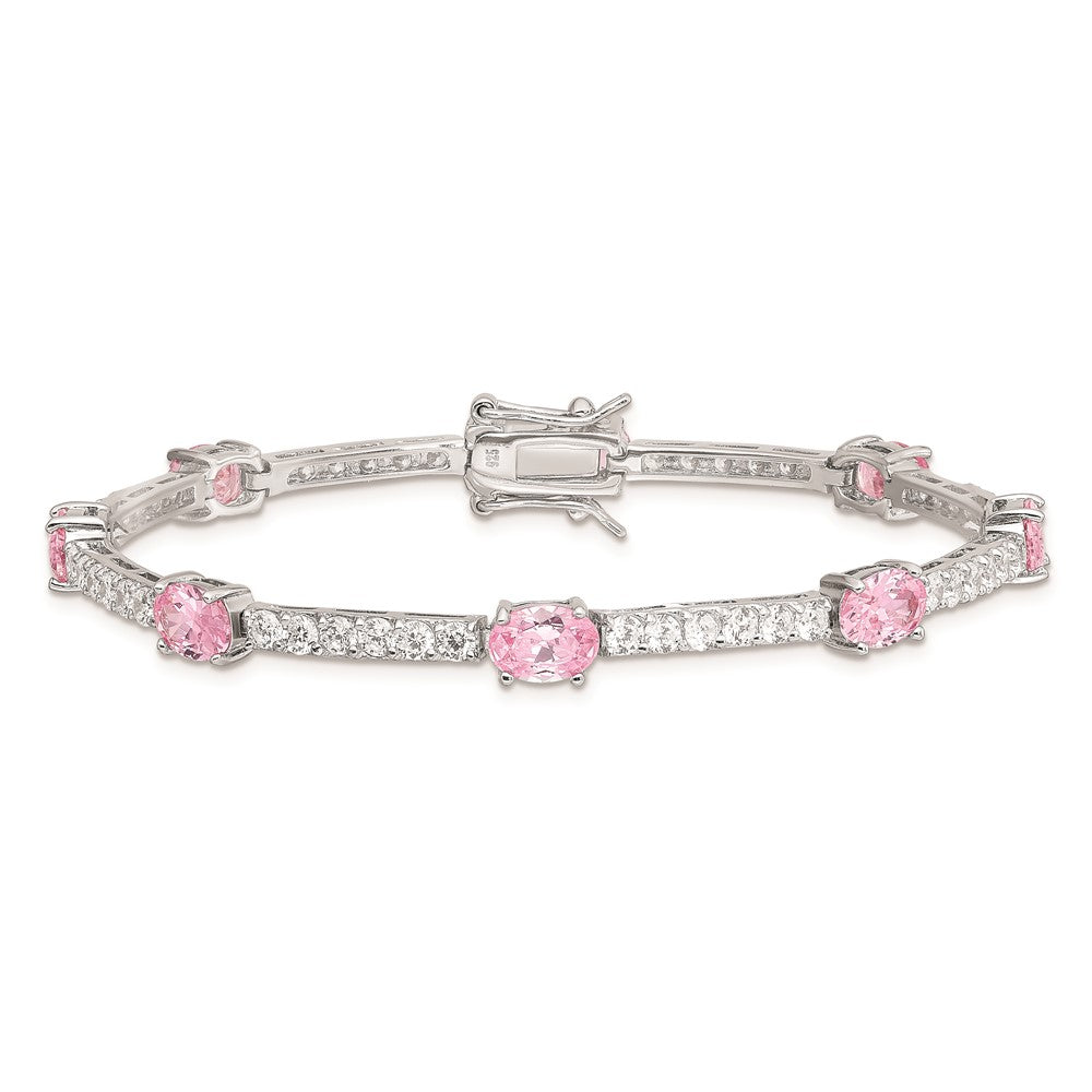 7 Inch Sterling Silver Rhodium-Plated 7Inch Pink And Clear Cz Bracelet