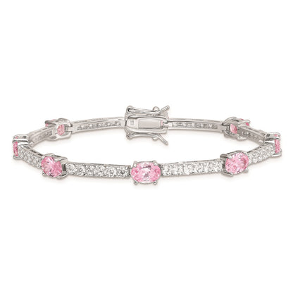 7 Inch Sterling Silver Rhodium-Plated 7Inch Pink And Clear Cz Bracelet