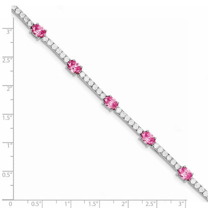 7 Inch Sterling Silver Rhodium-Plated 7Inch Pink And Clear Cz Bracelet