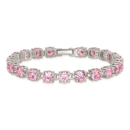 Sterling Silver Rhodium Plated Pink Cz 7 Inch Tennis Bracelet