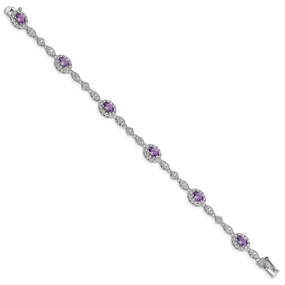 7 Inch Sterling Silver Rhodium-Plated Purple And Clear Cz Bracelet