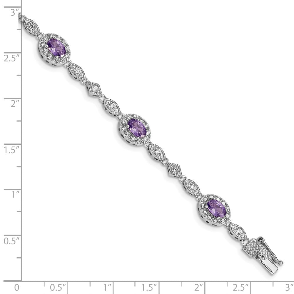 7 Inch Sterling Silver Rhodium-Plated Purple And Clear Cz Bracelet