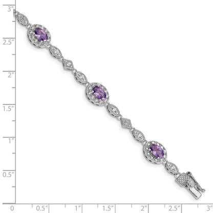 7 Inch Sterling Silver Rhodium-Plated Purple And Clear Cz Bracelet