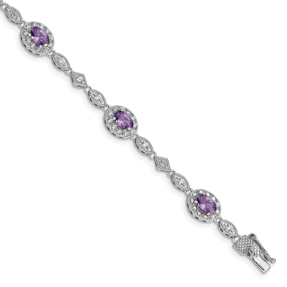 7 Inch Sterling Silver Rhodium-Plated Purple And Clear Cz Bracelet