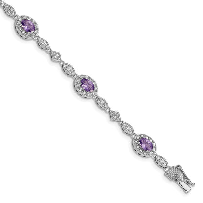 7 Inch Sterling Silver Rhodium-Plated Purple And Clear Cz Bracelet