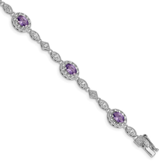 7 Inch Sterling Silver Rhodium-Plated Purple And Clear Cz Bracelet