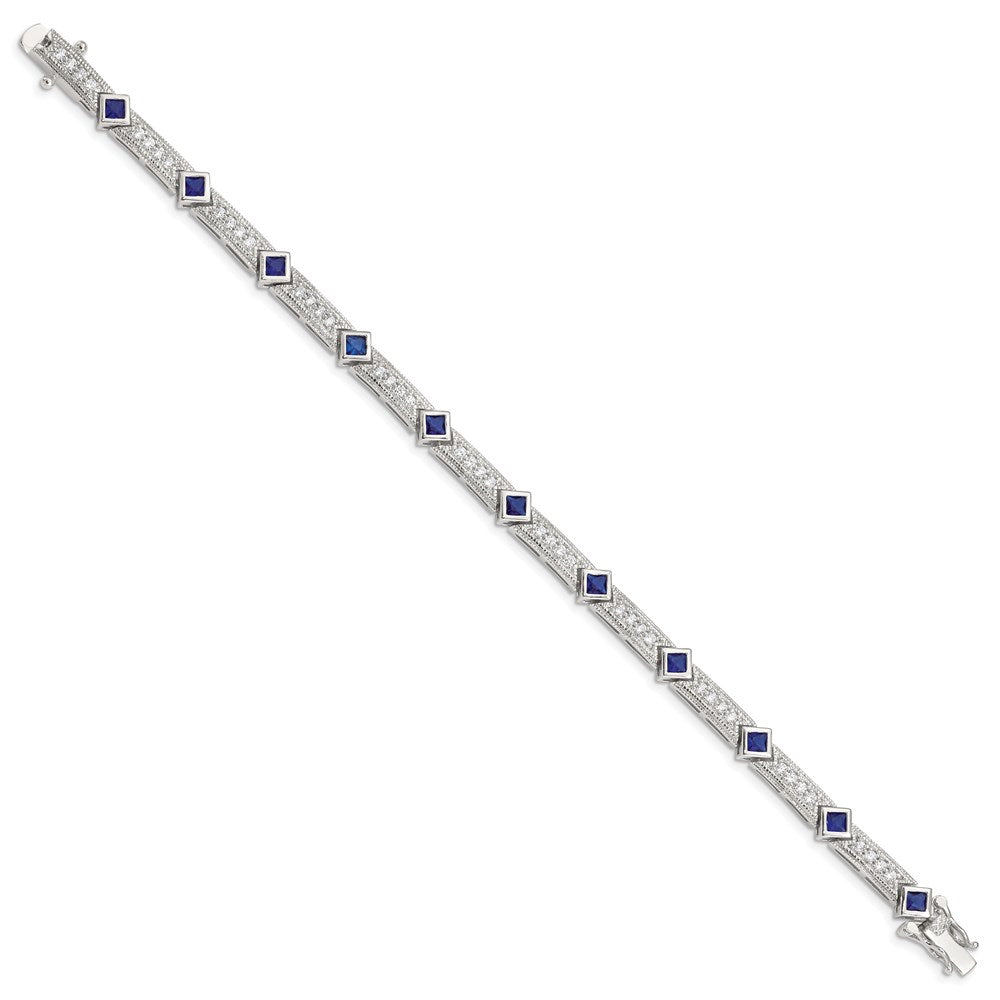 Sterling Silver Rhodium-Plated Blue Glass And Cz 7.25 Inch Bracelet