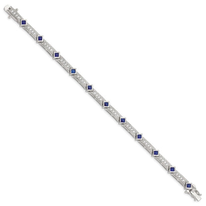 Sterling Silver Rhodium-Plated Blue Glass And Cz 7.25 Inch Bracelet