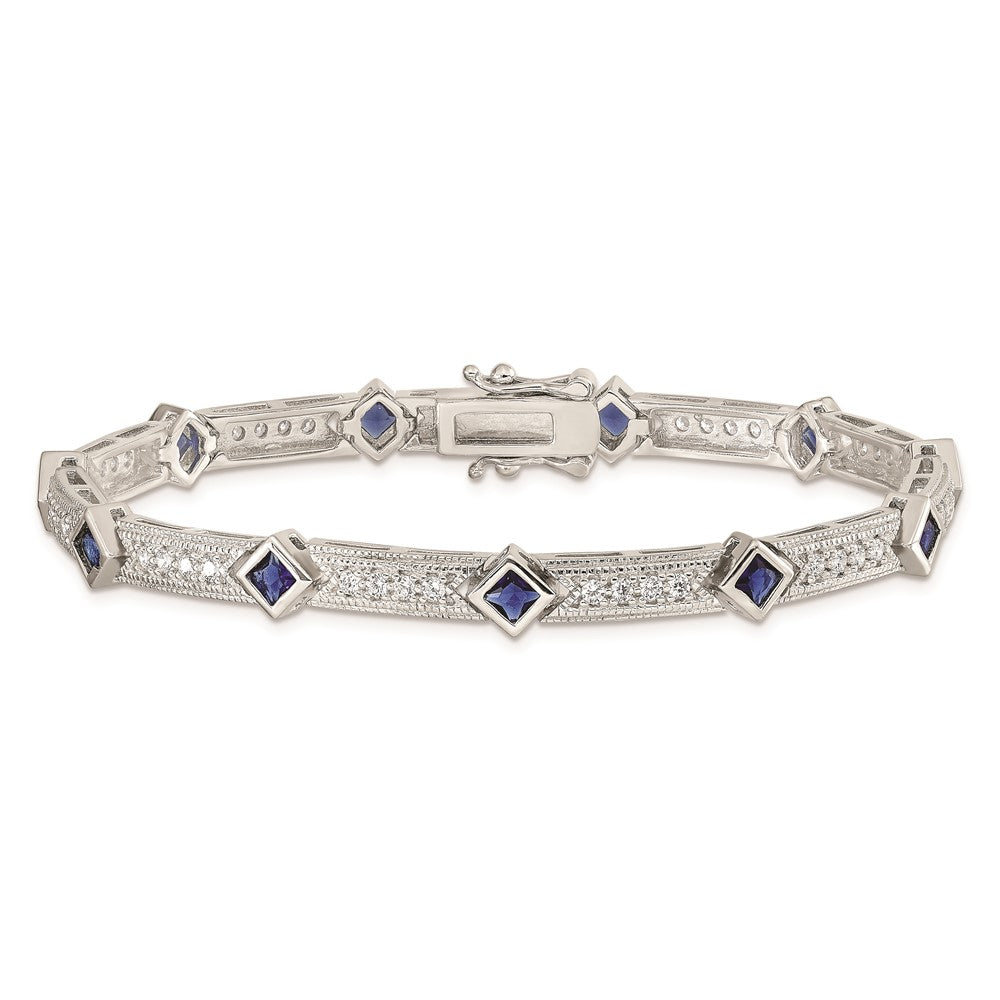 Sterling Silver Rhodium-Plated Blue Glass And Cz 7.25 Inch Bracelet