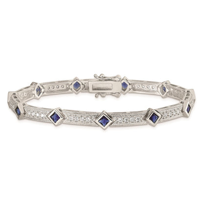 Sterling Silver Rhodium-Plated Blue Glass And Cz 7.25 Inch Bracelet