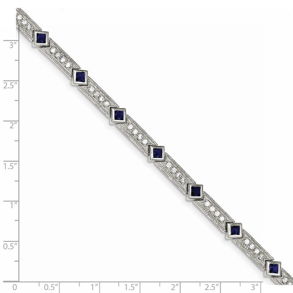 Sterling Silver Rhodium-Plated Blue Glass And Cz 7.25 Inch Bracelet
